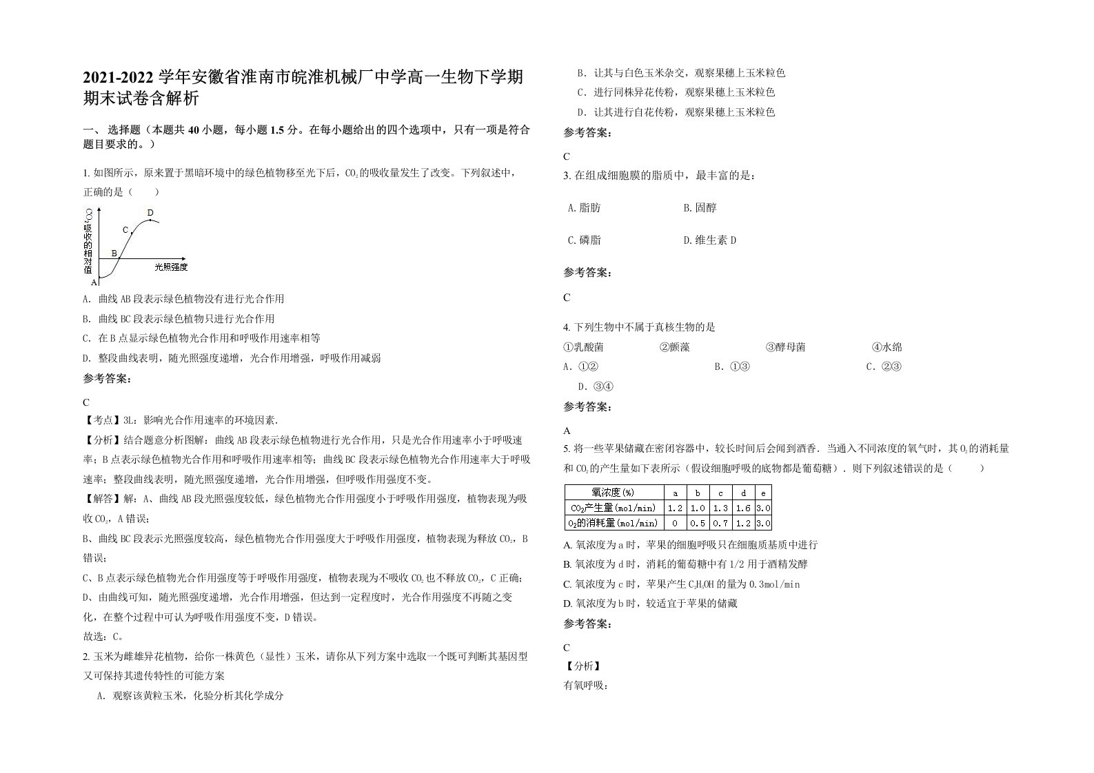 2021-2022学年安徽省淮南市皖淮机械厂中学高一生物下学期期末试卷含解析