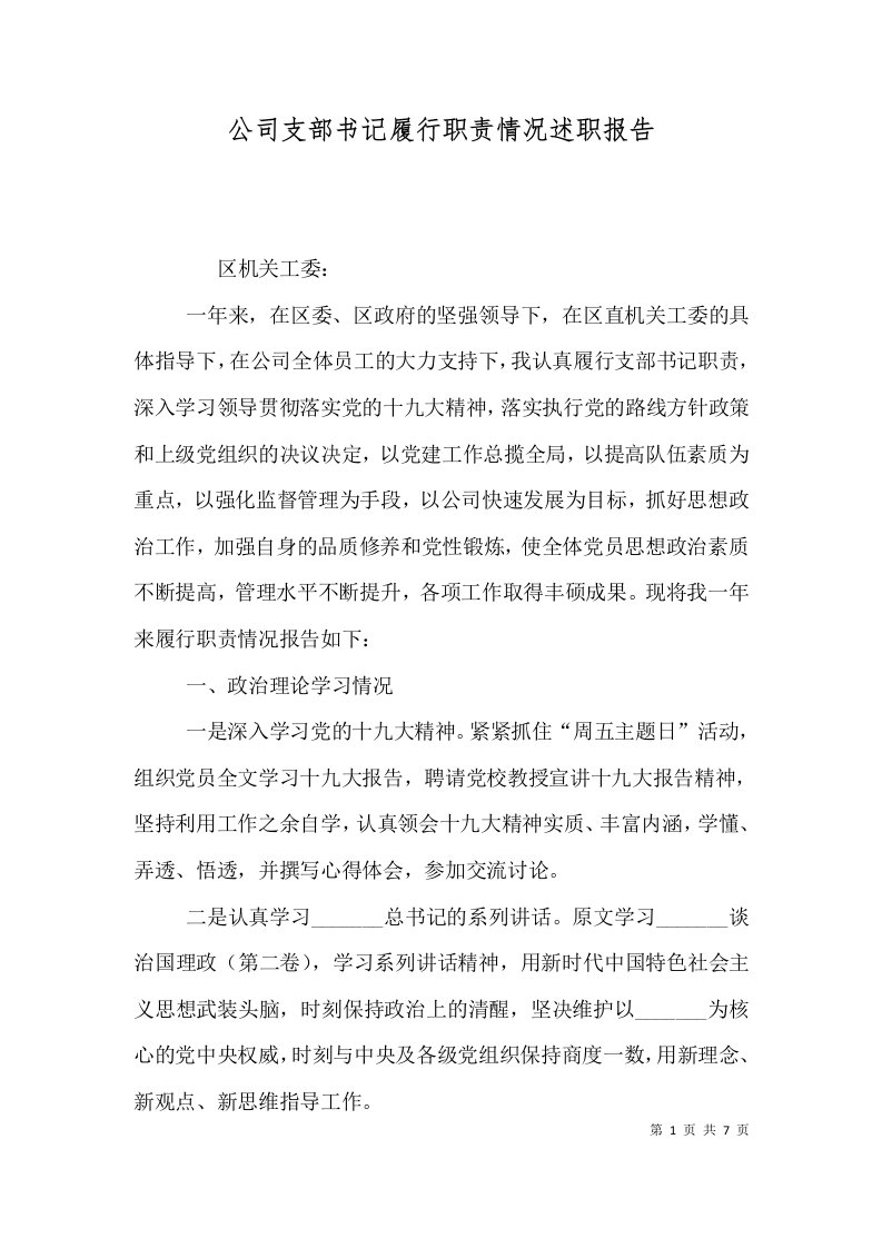 公司支部书记履行职责情况述职报告（一）