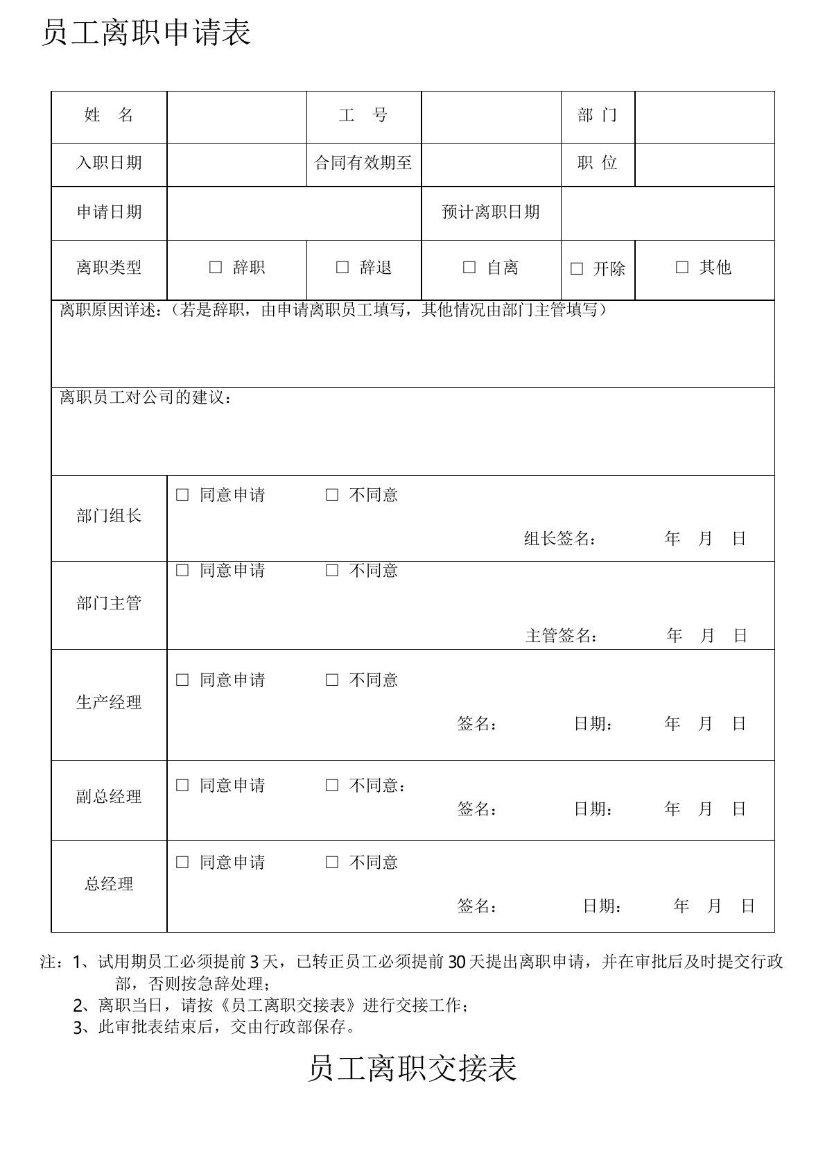 员工离职申请表