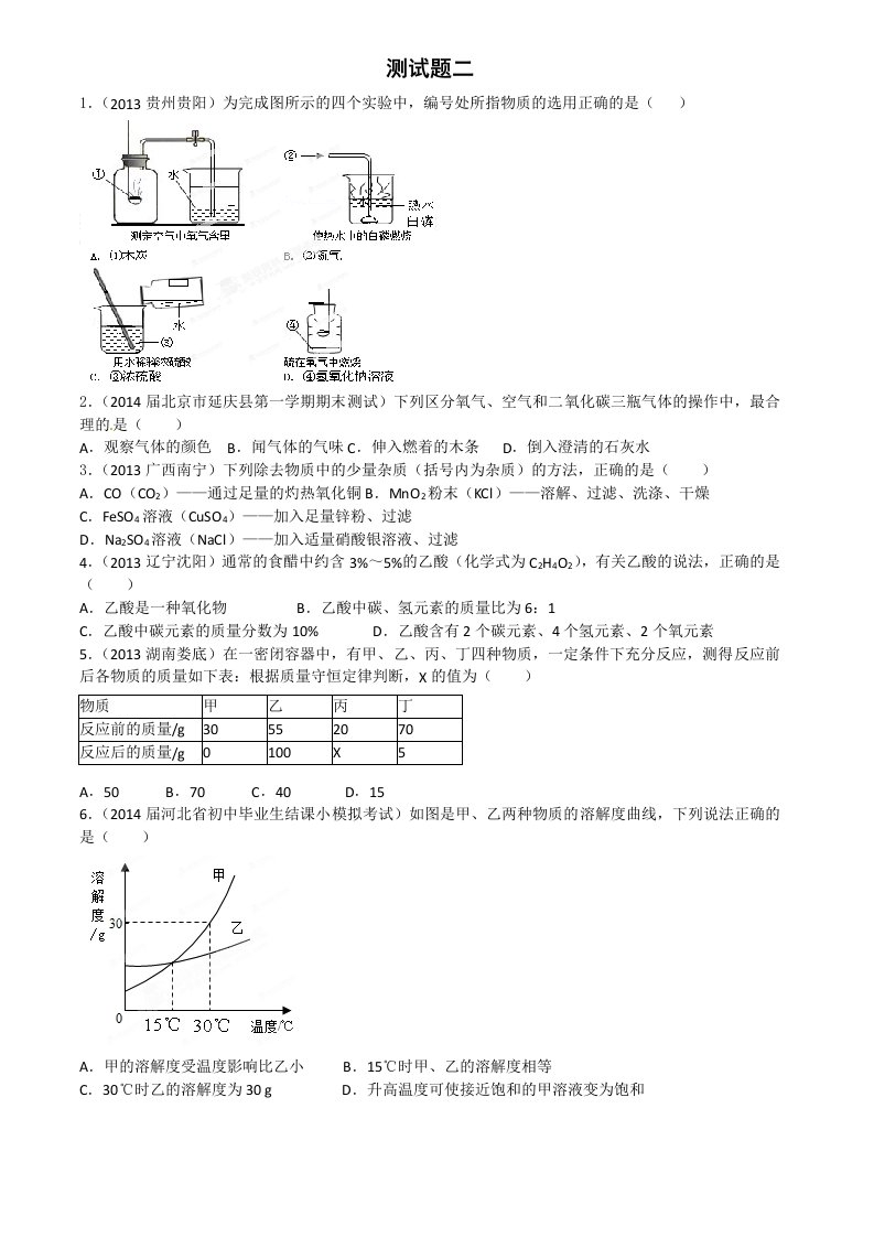 初中总复习化学测试卷二