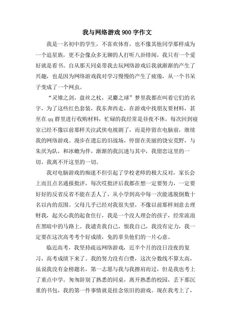 我与网络游戏900字作文