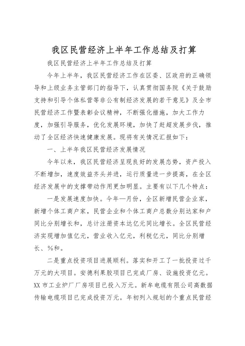 2022我区民营经济上半年工作总结及打算