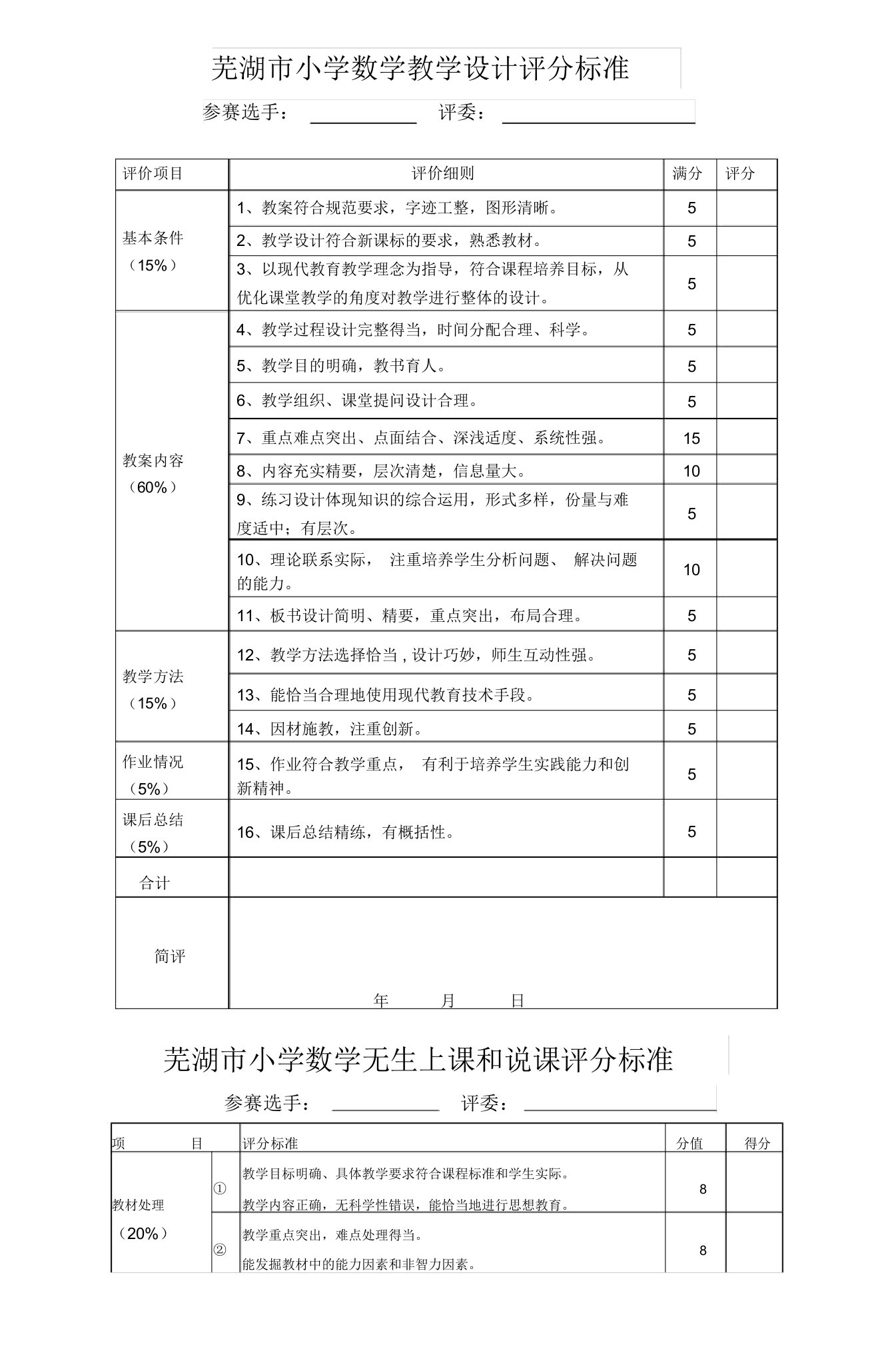 芜湖市小学数学教学设计评分标准