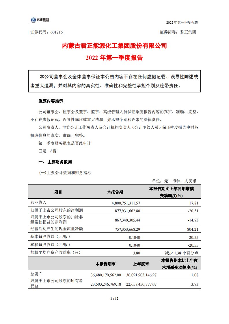 上交所-君正集团2022年第一季度报告-20220429