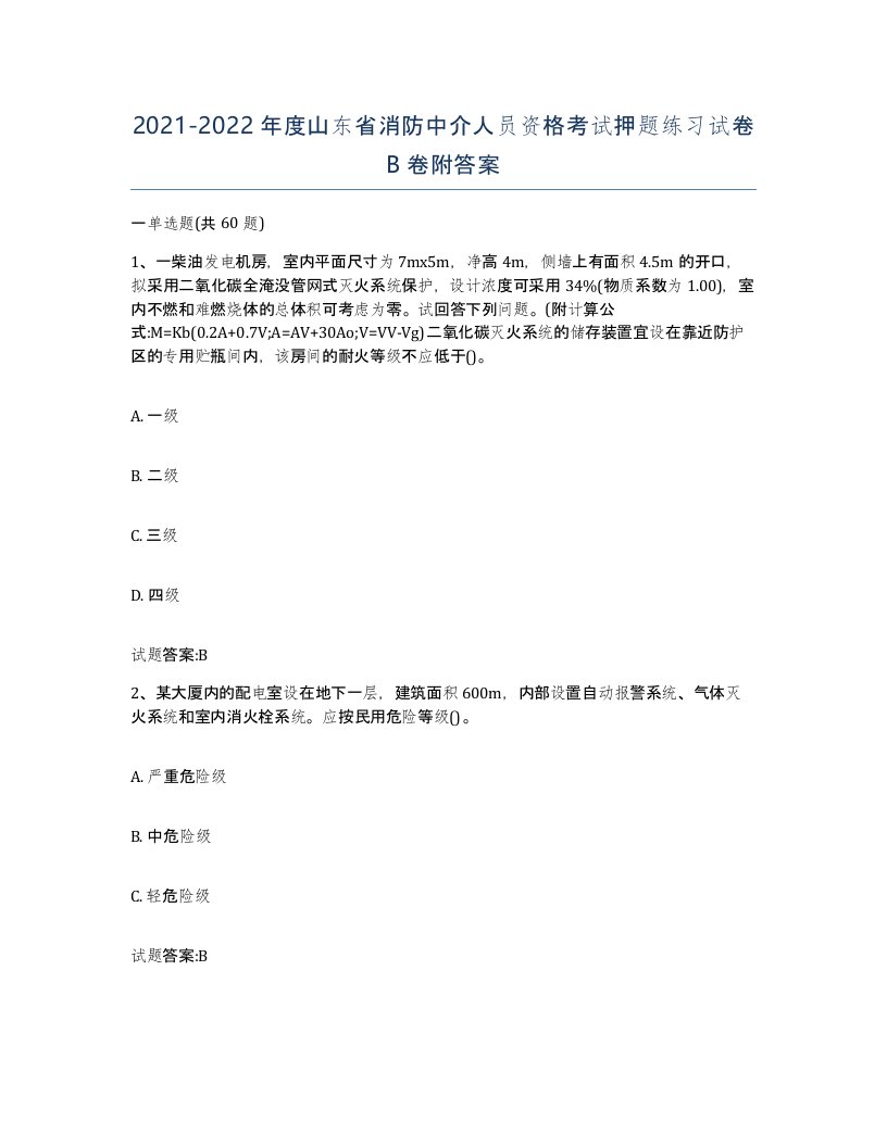 2021-2022年度山东省消防中介人员资格考试押题练习试卷B卷附答案