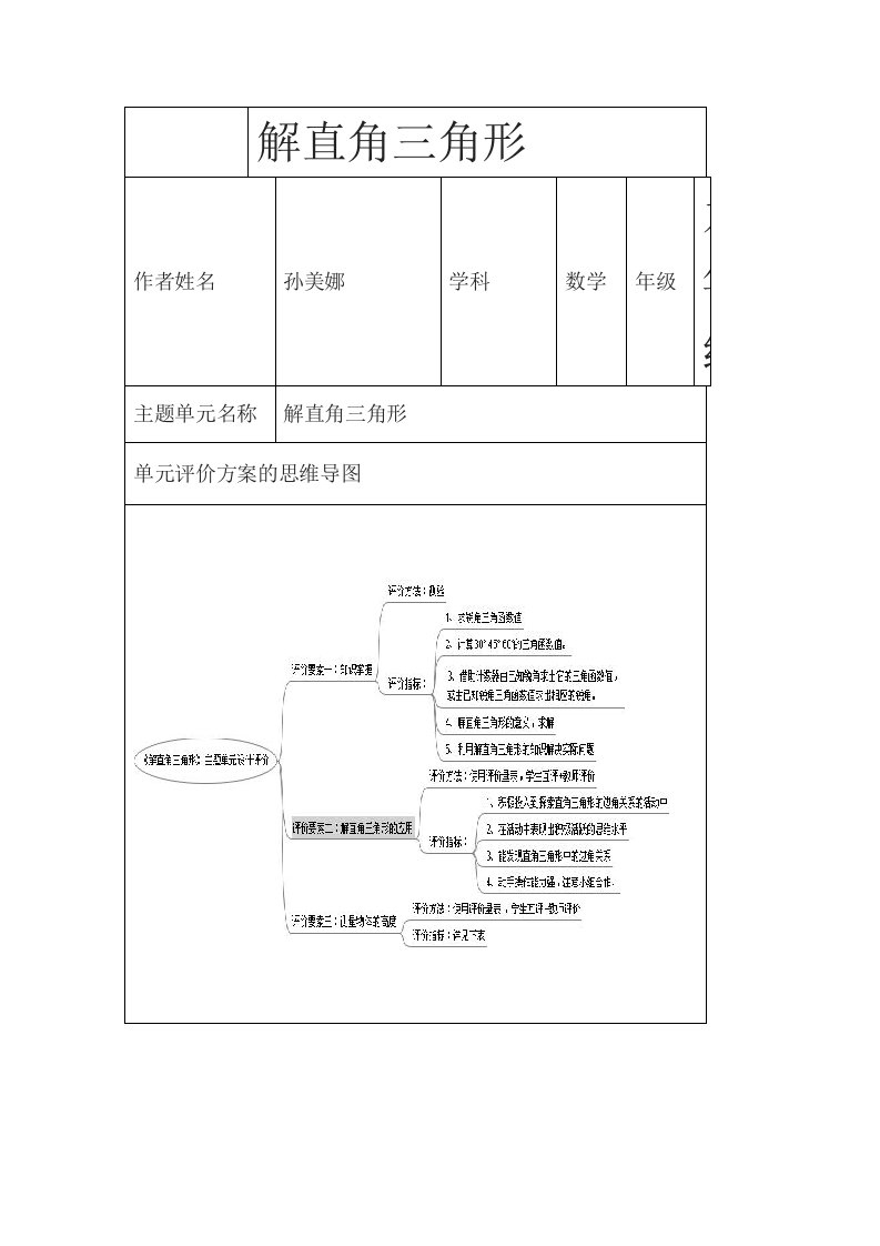 初中数学《解直角三角形》单元评价思维导图以及评价量规