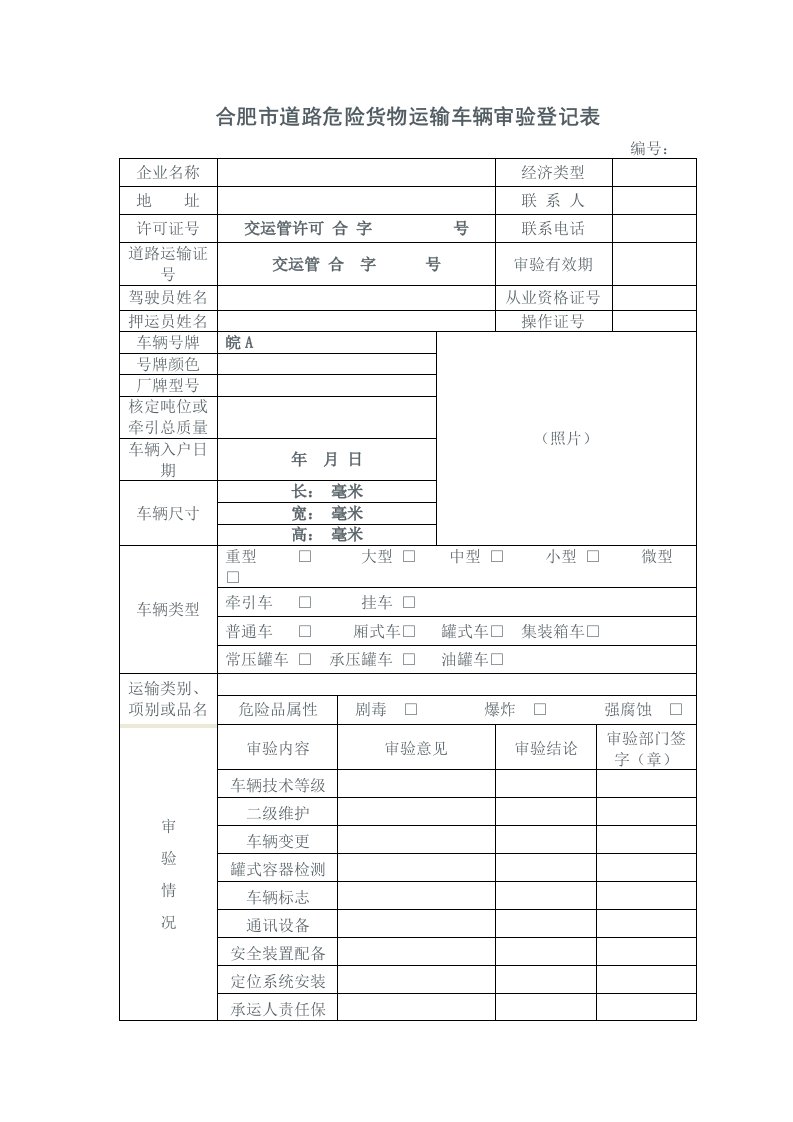 合肥市道路危险货物运输车辆审验登记表