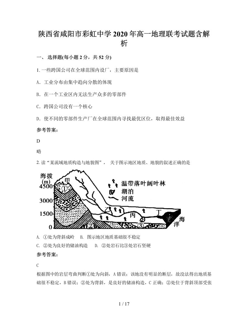 陕西省咸阳市彩虹中学2020年高一地理联考试题含解析