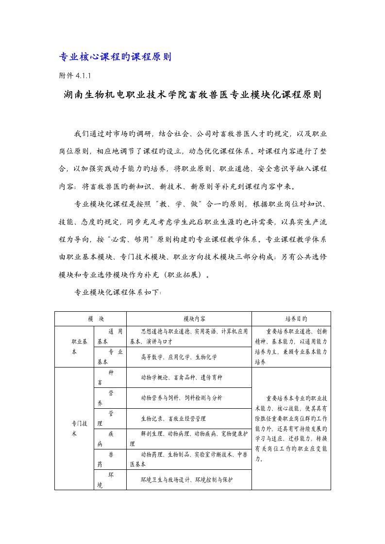 畜牧兽医专业核心课程的课程重点标准