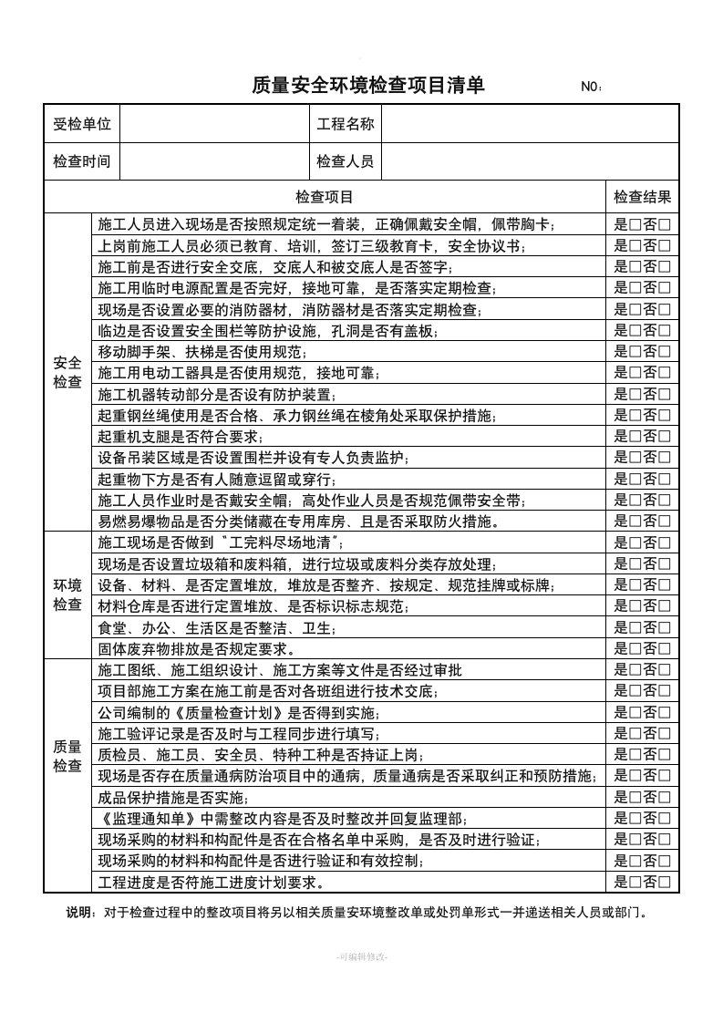 施工现场安全质量检查记录表