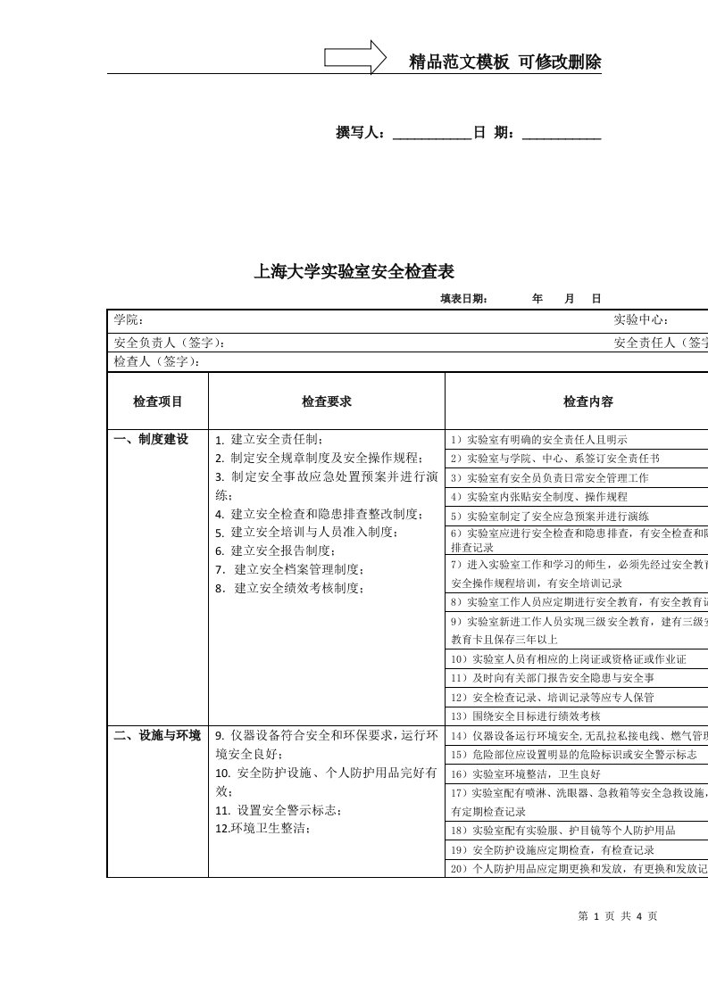 上海大学试验室安全检查表-上海大学化学系