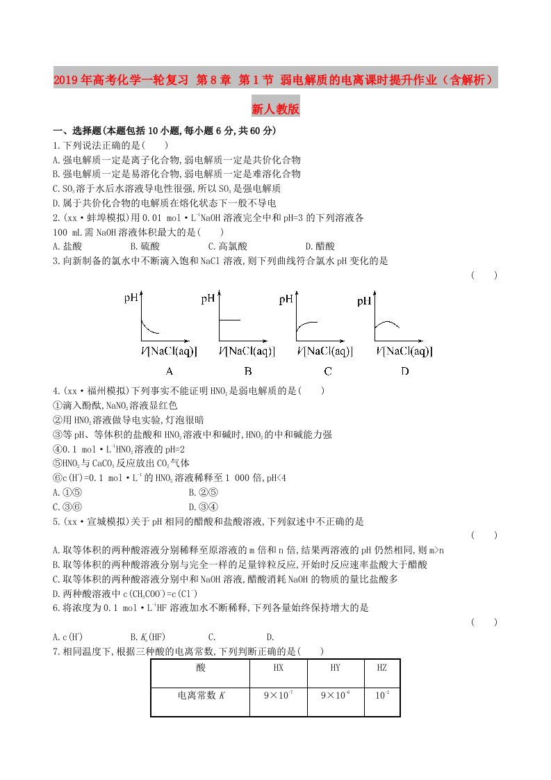 2019年高考化学一轮复习