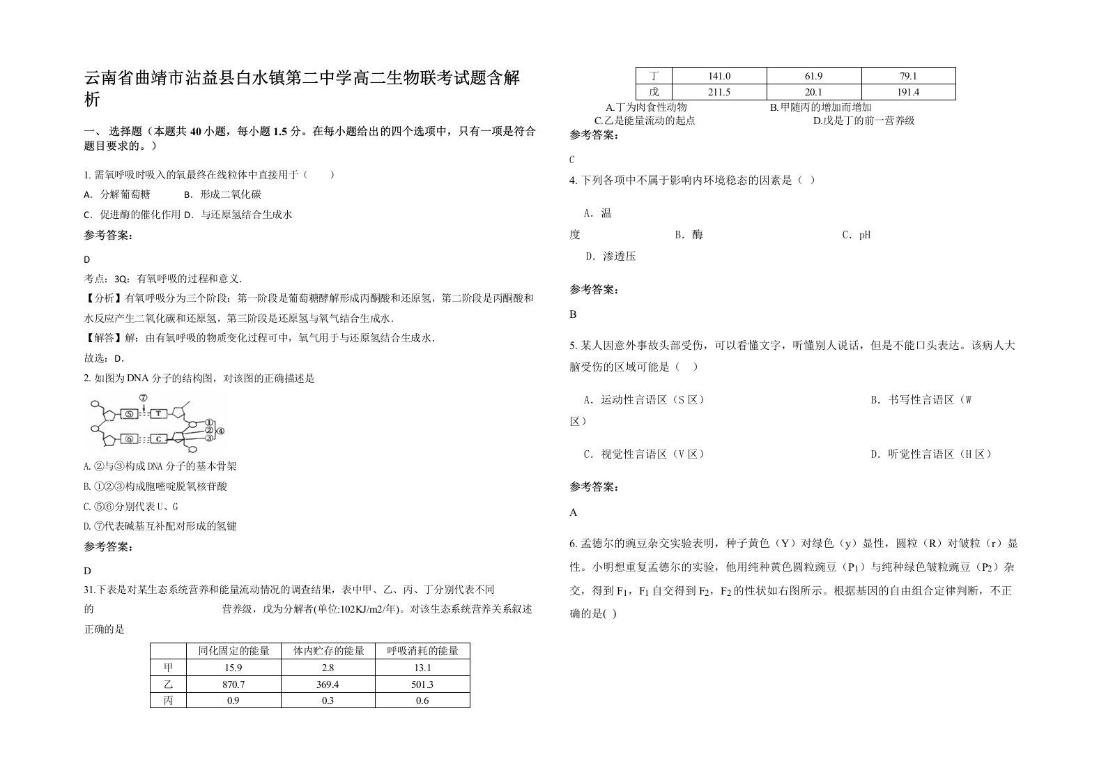 云南省曲靖市沾益县白水镇第二中学高二生物联考试题含解析