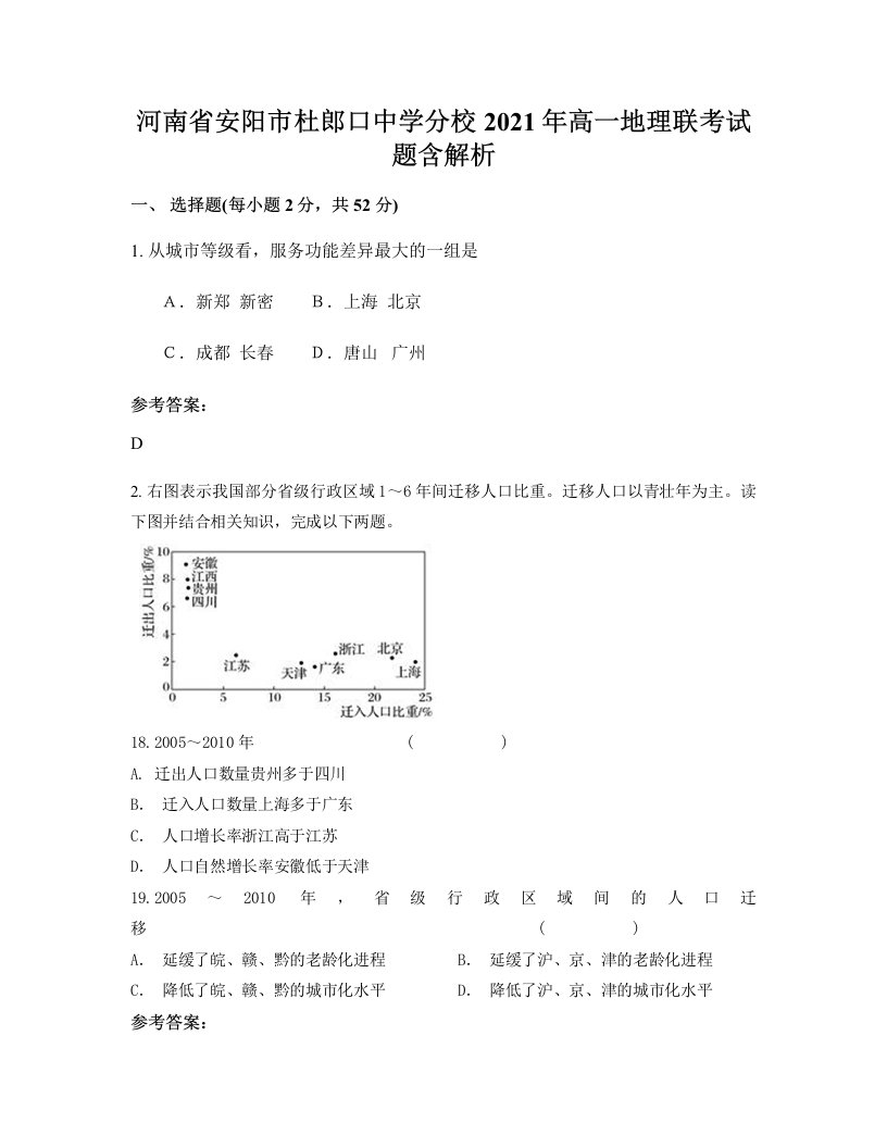 河南省安阳市杜郎口中学分校2021年高一地理联考试题含解析