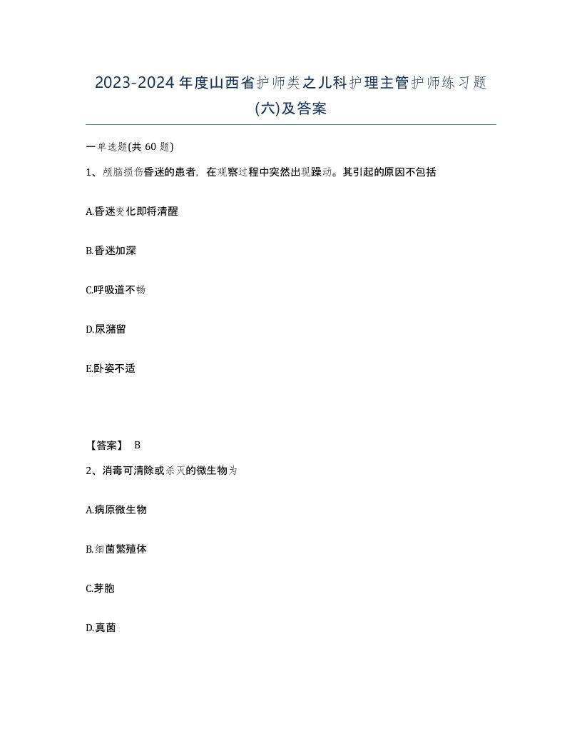 2023-2024年度山西省护师类之儿科护理主管护师练习题六及答案