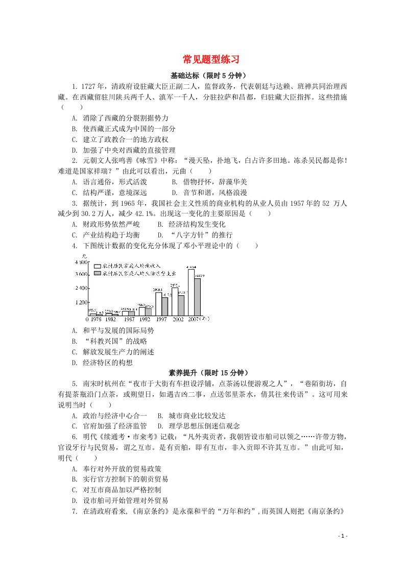 2020_2021学年高中历史常见题型练习含解析新人教版必修中外历史纲要上