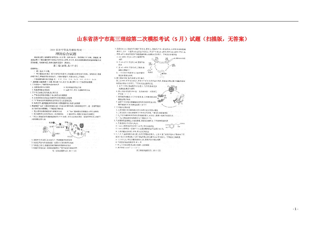 山东省济宁市高三理综第二次模拟考试（5月）试题（扫描版，无答案）