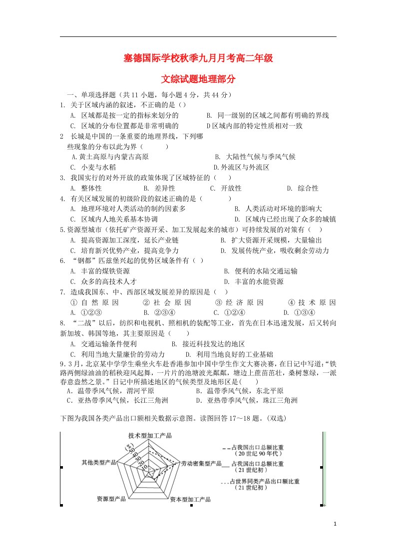 重庆市万州区赛德国际学校高二地理上学期9月月考试题（无答案）新人教版