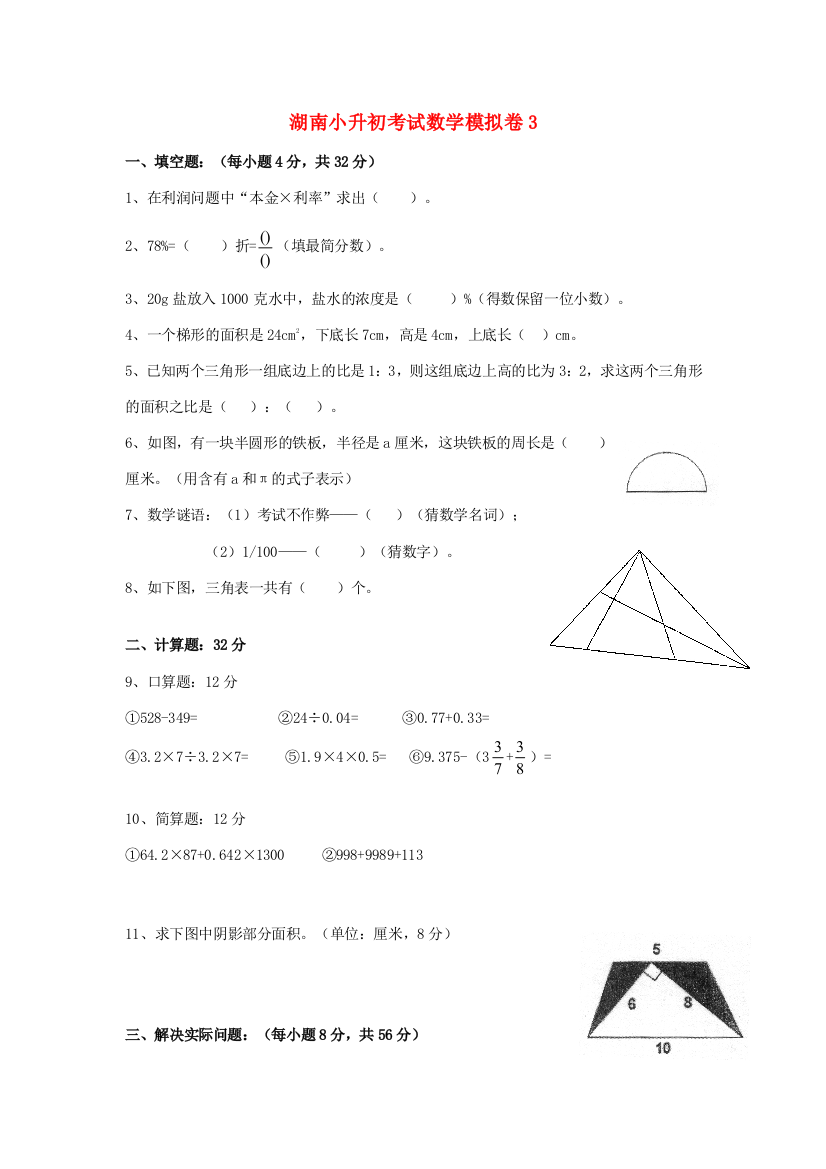 湖南省小升初数学考试模拟卷（三）（无答案）