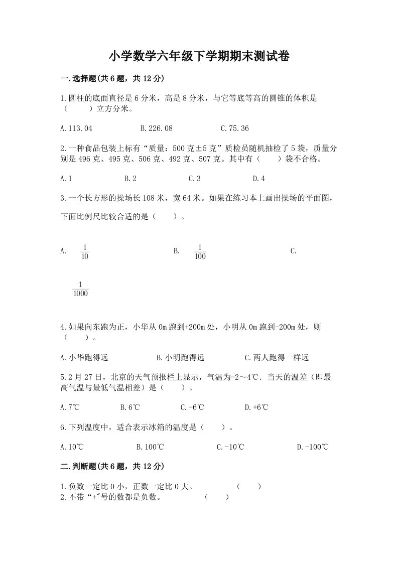 小学数学六年级下学期期末测试卷附答案（能力提升）