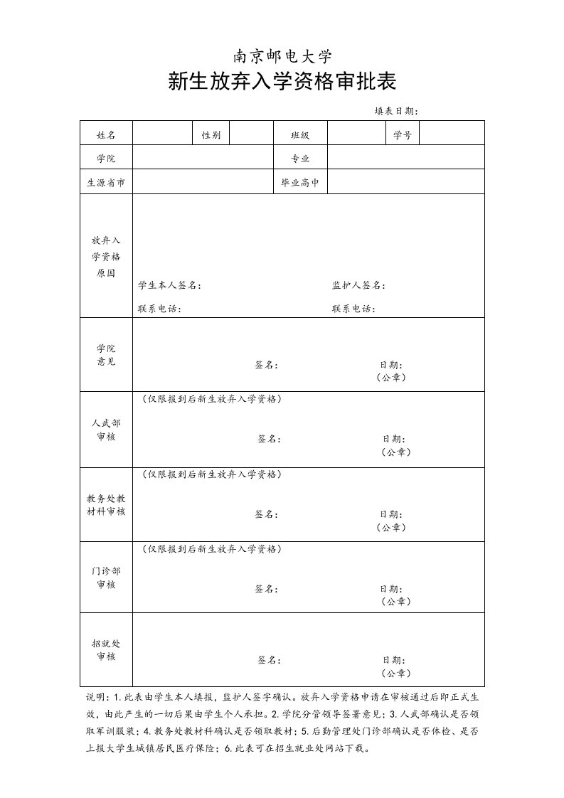 南京邮电大学新生放弃入学资格审批表