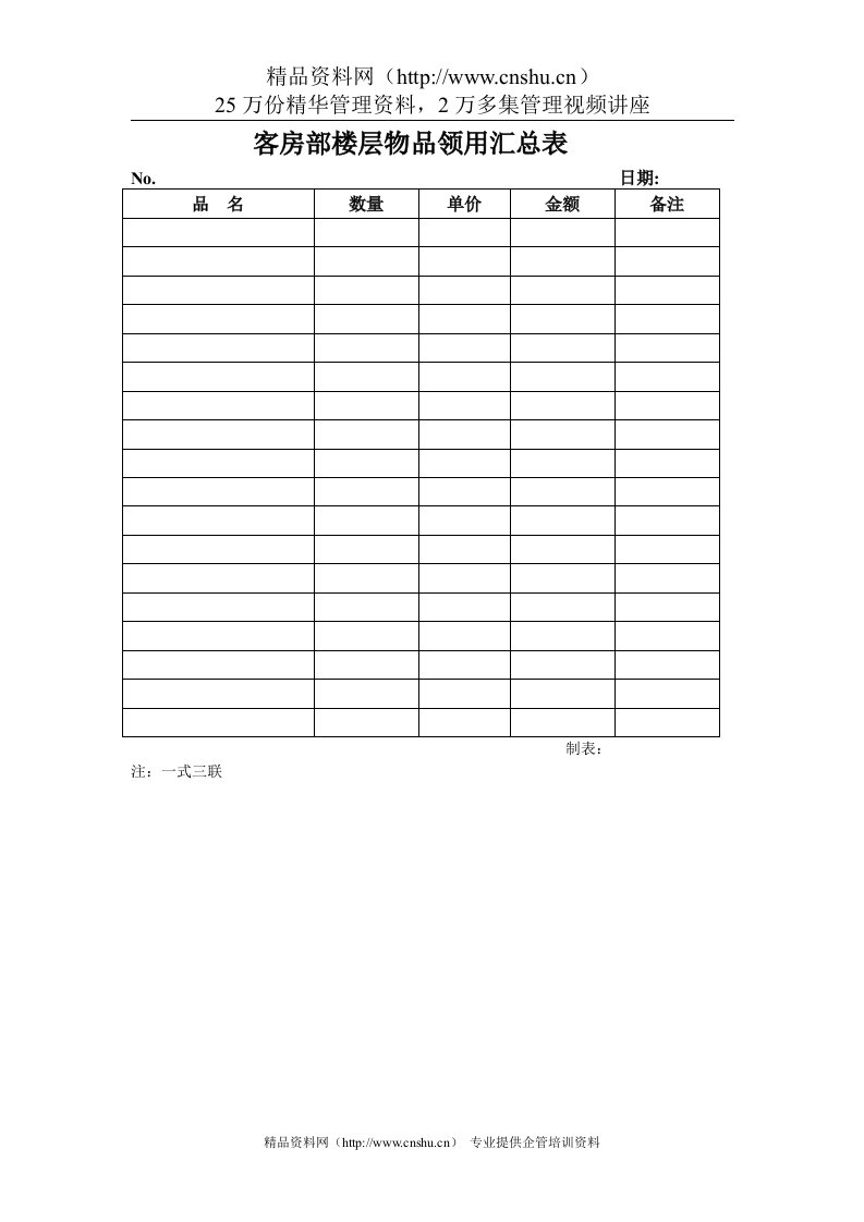 客房部楼层物品领用汇总表