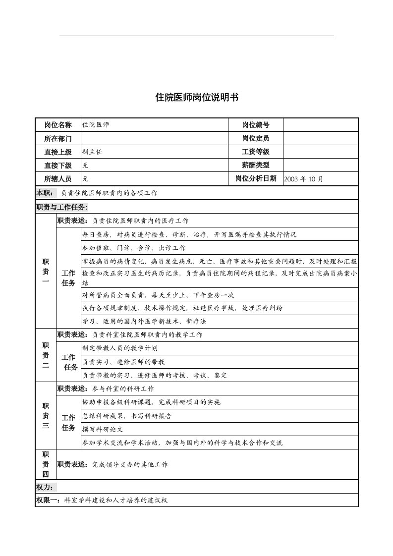 湖北新华医院住院医师岗位说明书