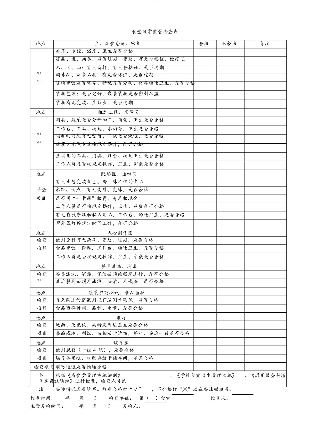 食堂日常监管检查表