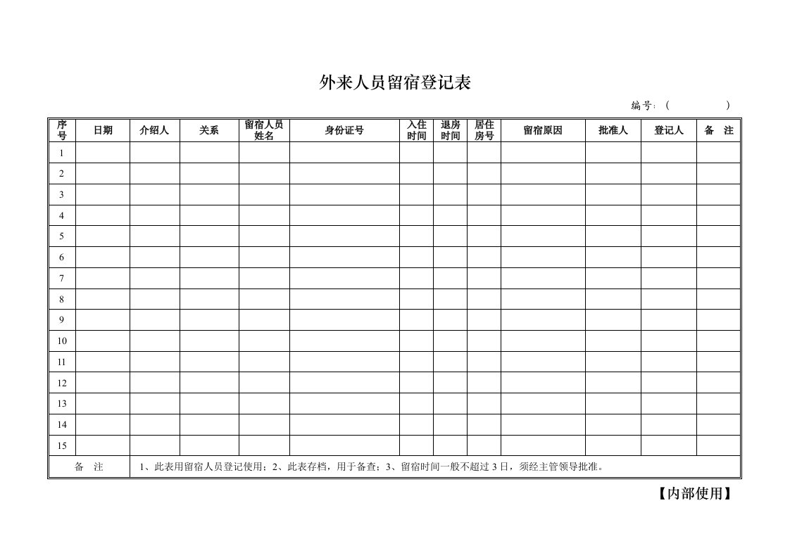 外来人员留宿登记表(模板)