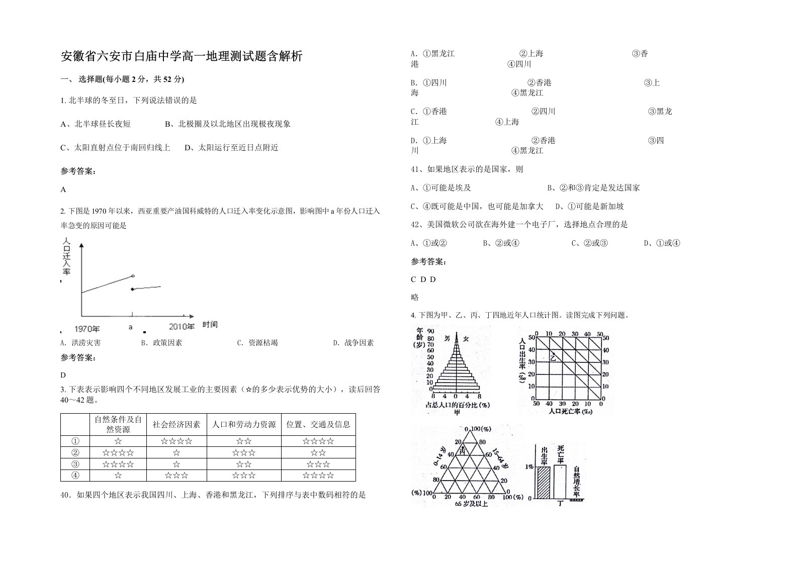 安徽省六安市白庙中学高一地理测试题含解析