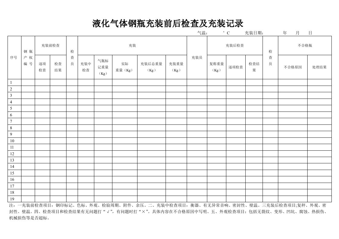 液化气体气瓶充装前、后检查记录及充装记录