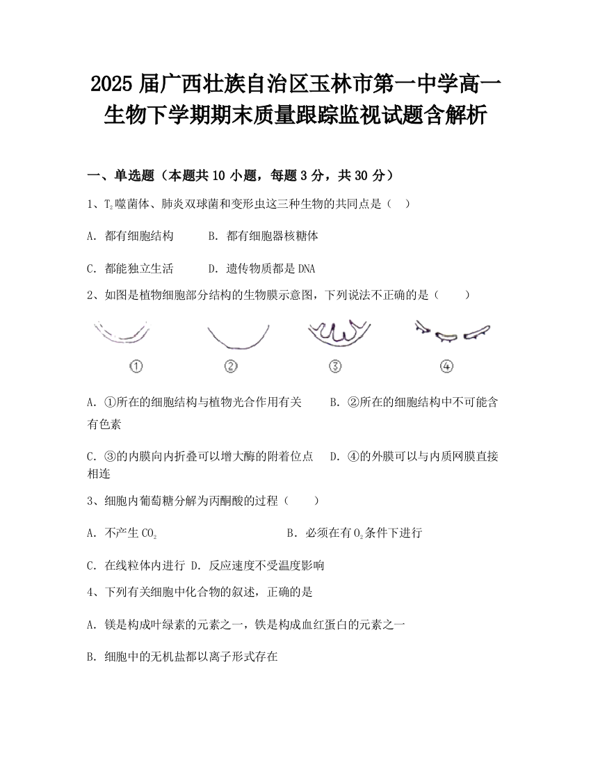 2025届广西壮族自治区玉林市第一中学高一生物下学期期末质量跟踪监视试题含解析