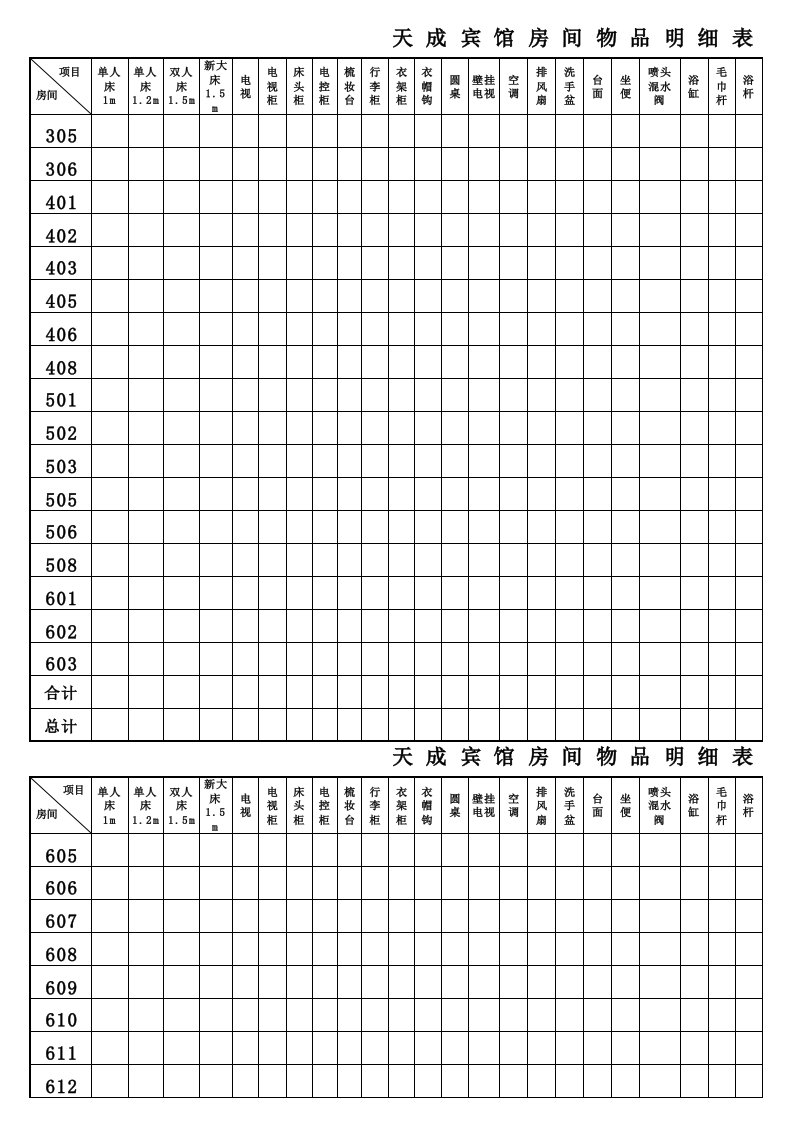 宾馆房间物品明细表