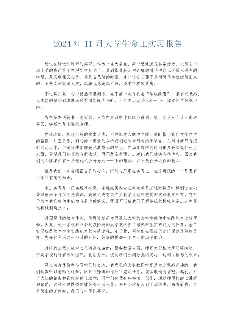 实习报告2024年11月大学生金工实习报告