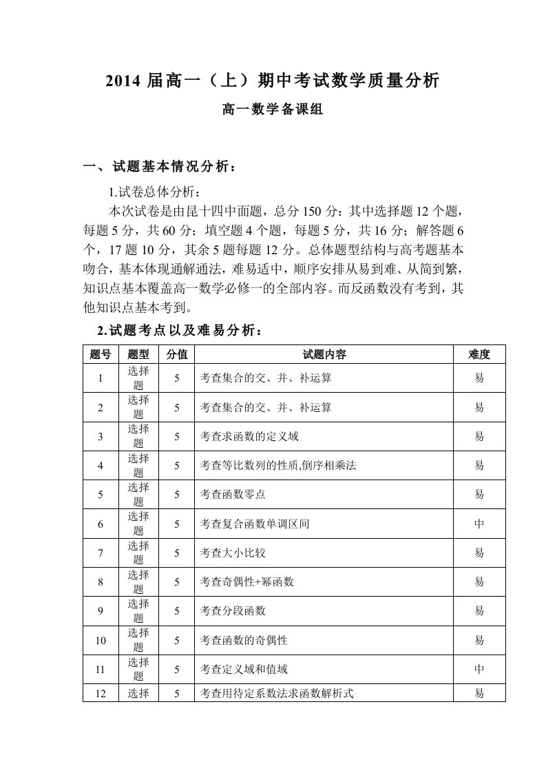 高一期中数学备课组质量分析