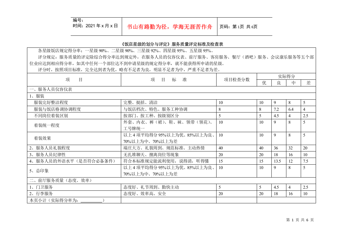 《饭店星级的划分与评定》服务质量评定标准及检查表