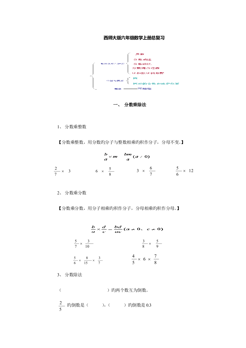 西师大版六年级数学上册总复习