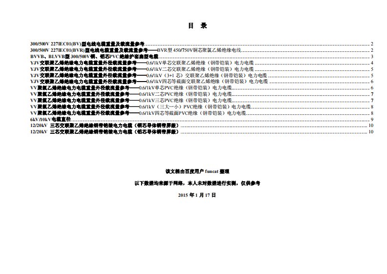 20kV以下常规电线电缆重量外径载流量参考