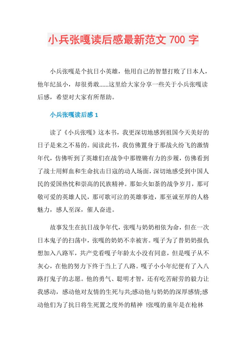 小兵张嘎读后感最新范文700字