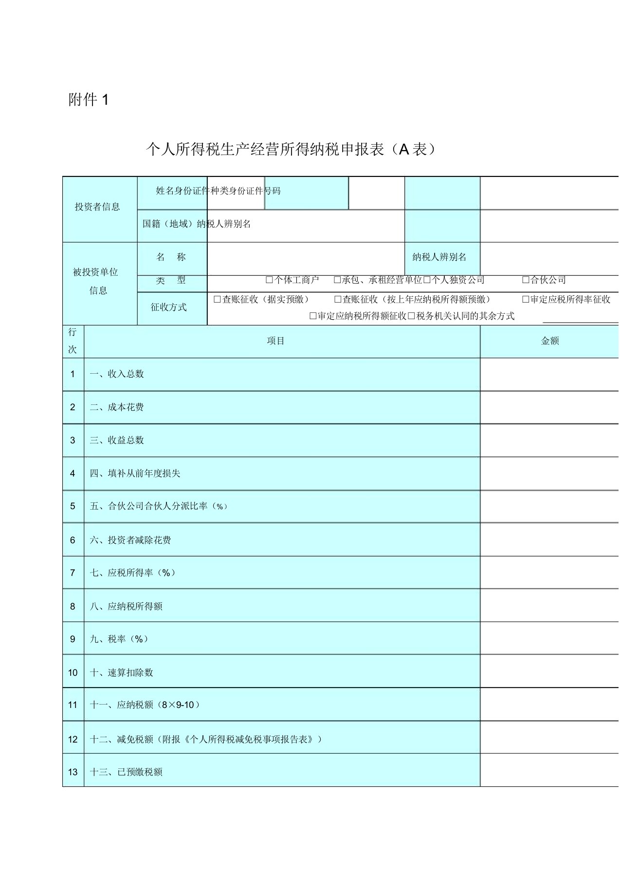 个人所得税生产经营所得纳税申报表格A表格