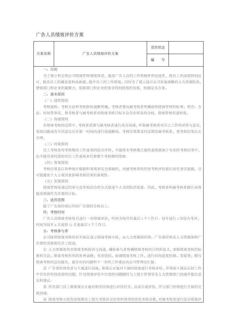 工程资料-66广告人员绩效评价方案