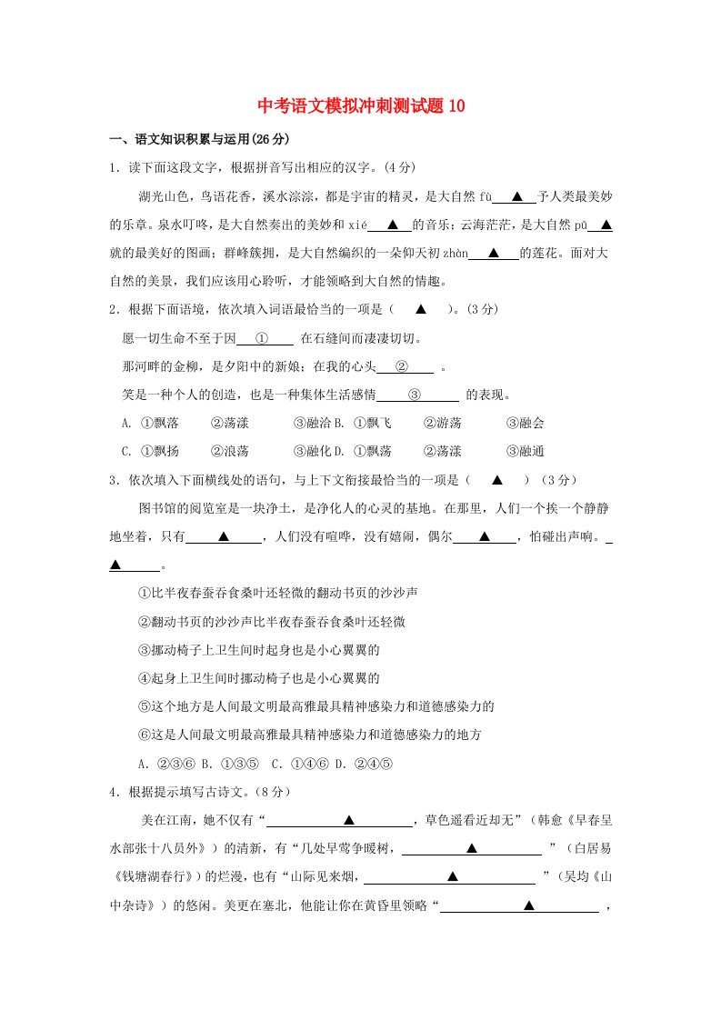 中考语文模拟冲刺测试题10