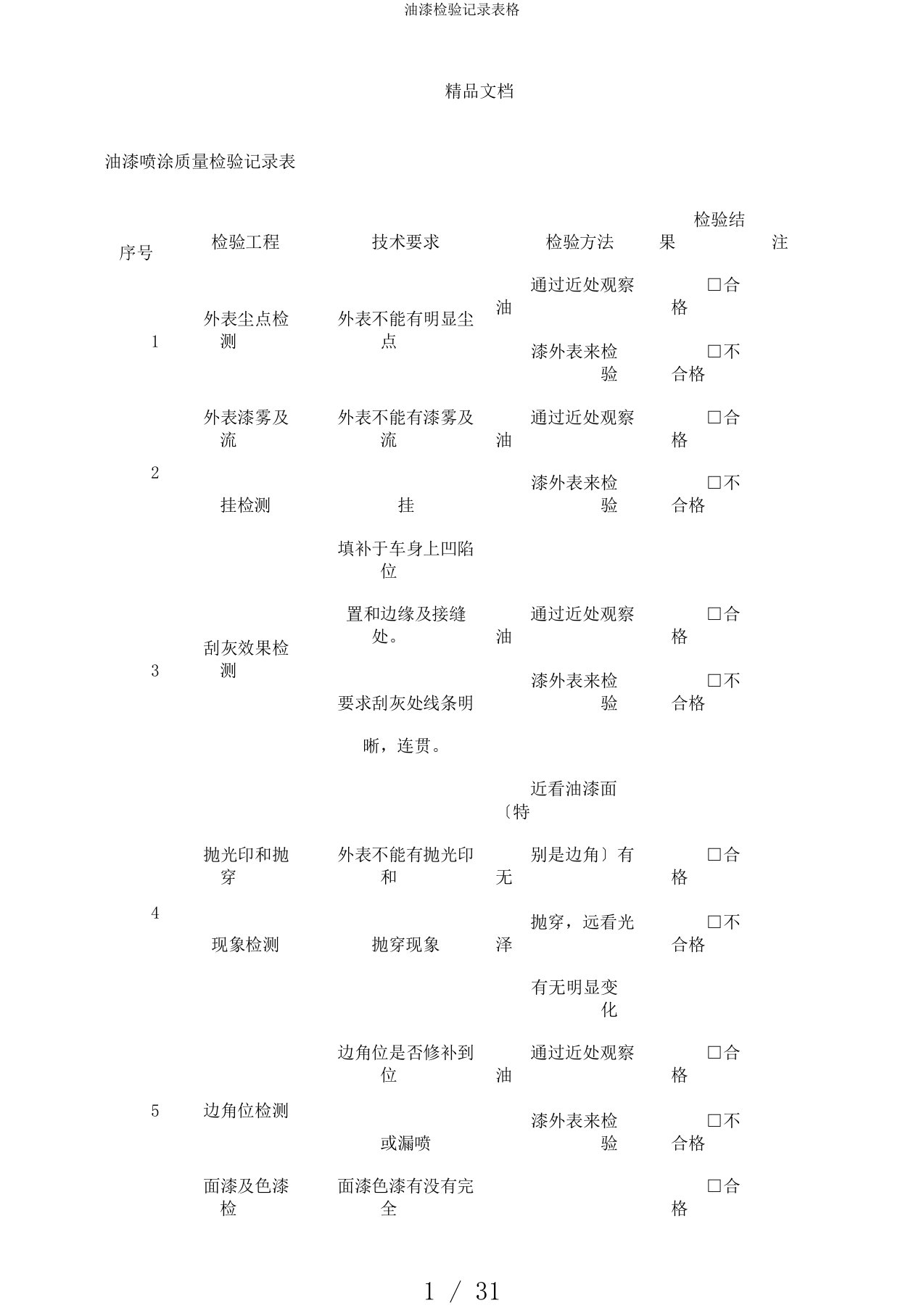 油漆检验记录表格