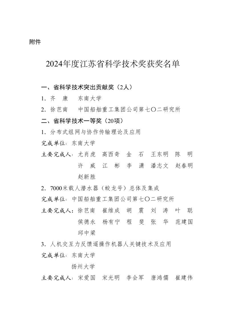 2024年度江苏省科学技术奖获奖名单