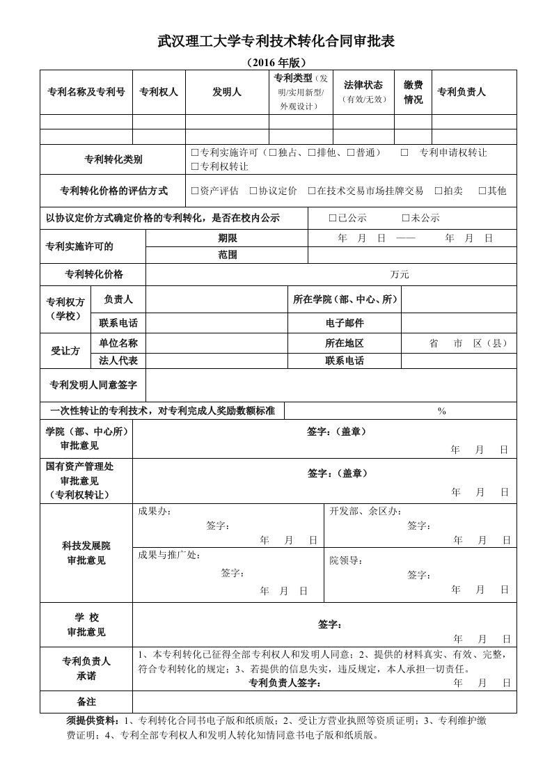 武汉理工大学专利技术转让审批表-武汉理工大学科学技术发展院