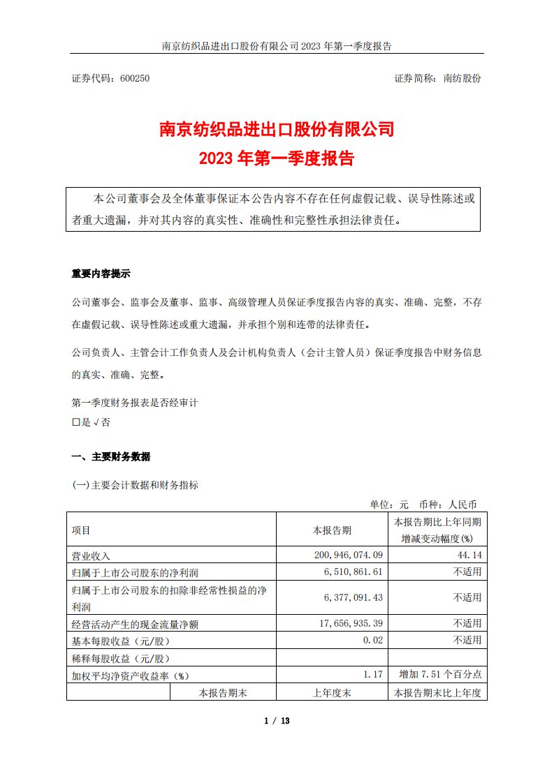 上交所-南纺股份2023年第一季度报告-20230428