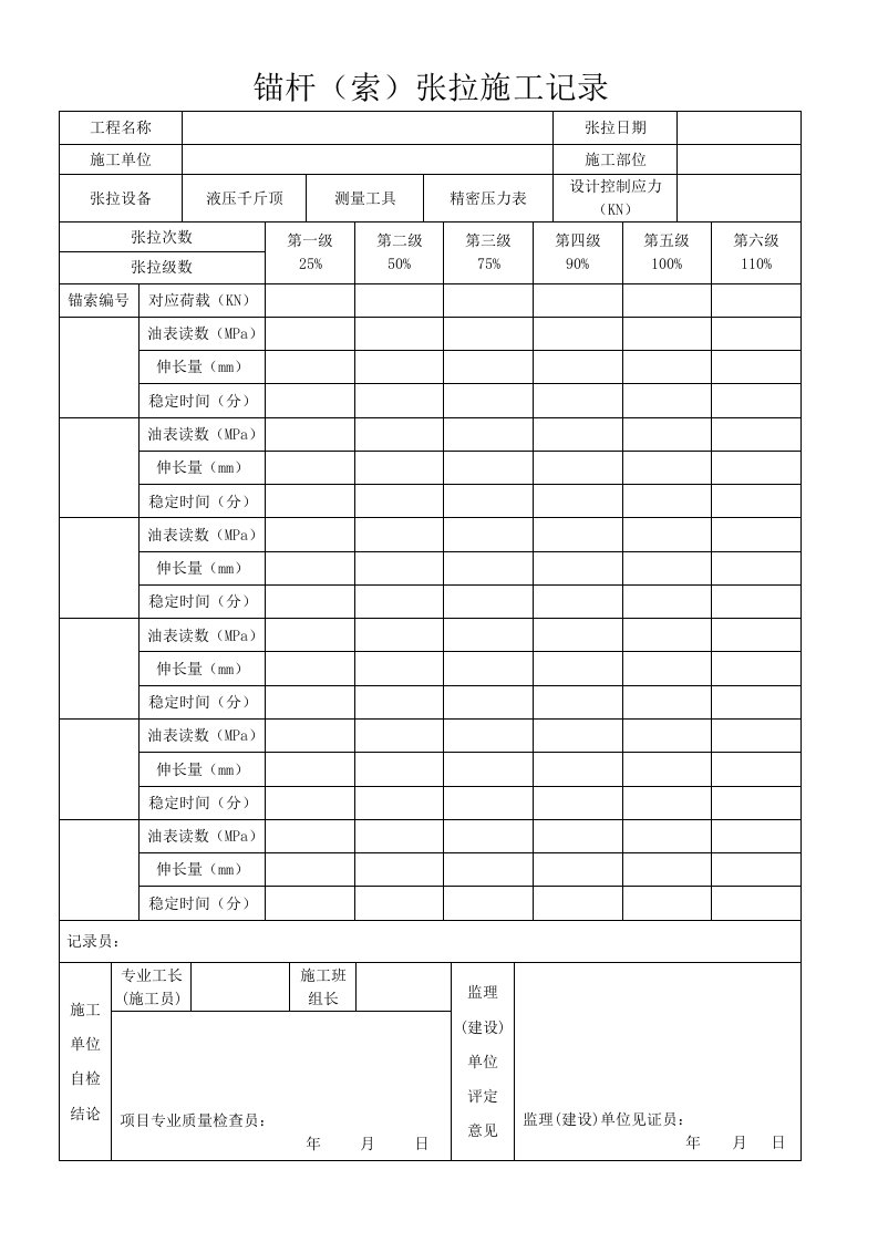 预应力锚索张拉记录表