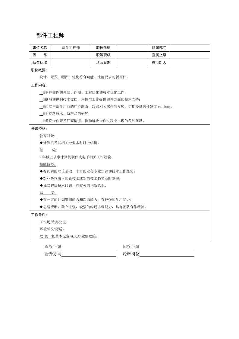 部件工程师职位说明书