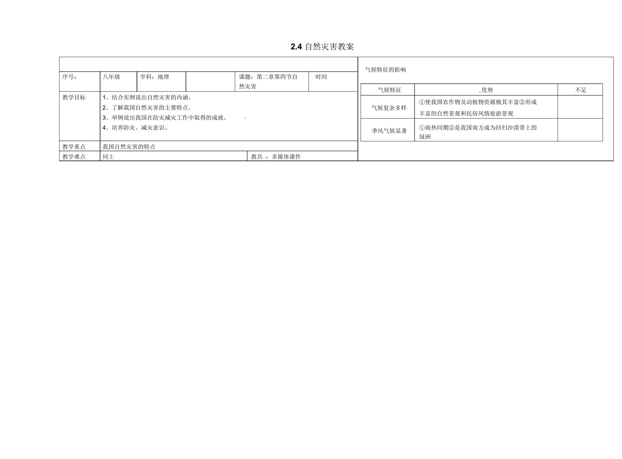 新人教版八年级地理上册：2.4《自然灾害》教案设计