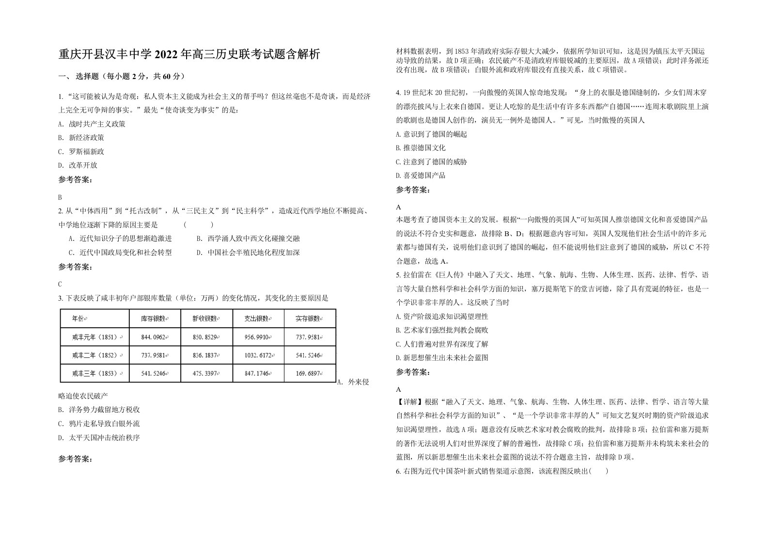 重庆开县汉丰中学2022年高三历史联考试题含解析